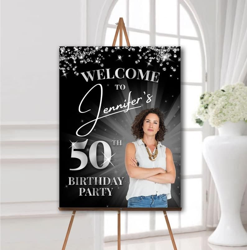 Customized Age Birthday Welcome Sign With Photo Birthday Poster Canvas Personalized Birthday welcome Sign Birthday Party Decorations Black And Silver