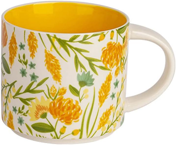 Ceramic Tea Cup Coffee Mug for Office and Home, Hand Painted with Handles, Vintage Flower Blossom Mug, Dishwasher Microwave Safe, Yellow – 15.8oz