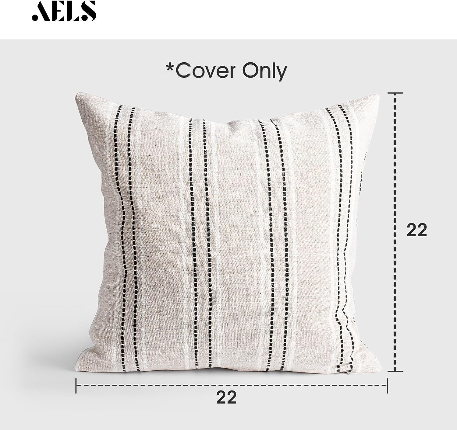 22×22 Decorative Farmhouse Linen Throw Pillow Covers, Boho Textured Pillow Case, Set of 2, Beige with White & Black Stitch Yarn Dyed Stripe Cushion Cover for Sofa Couch Living Room (Cover ONLY)