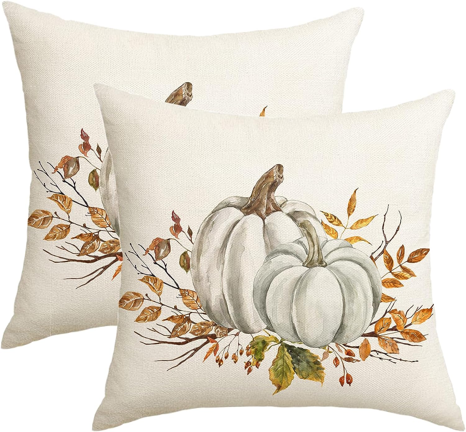 Fall White Pumpkin Throw Pillow Covers 18×18 Set of 2 Outdoor Autumn Orange Pumpkins Leaves Pillows Cover Thanksgiving Farmhouse Linen Decorative Cushion Case for Couch Bed Decor