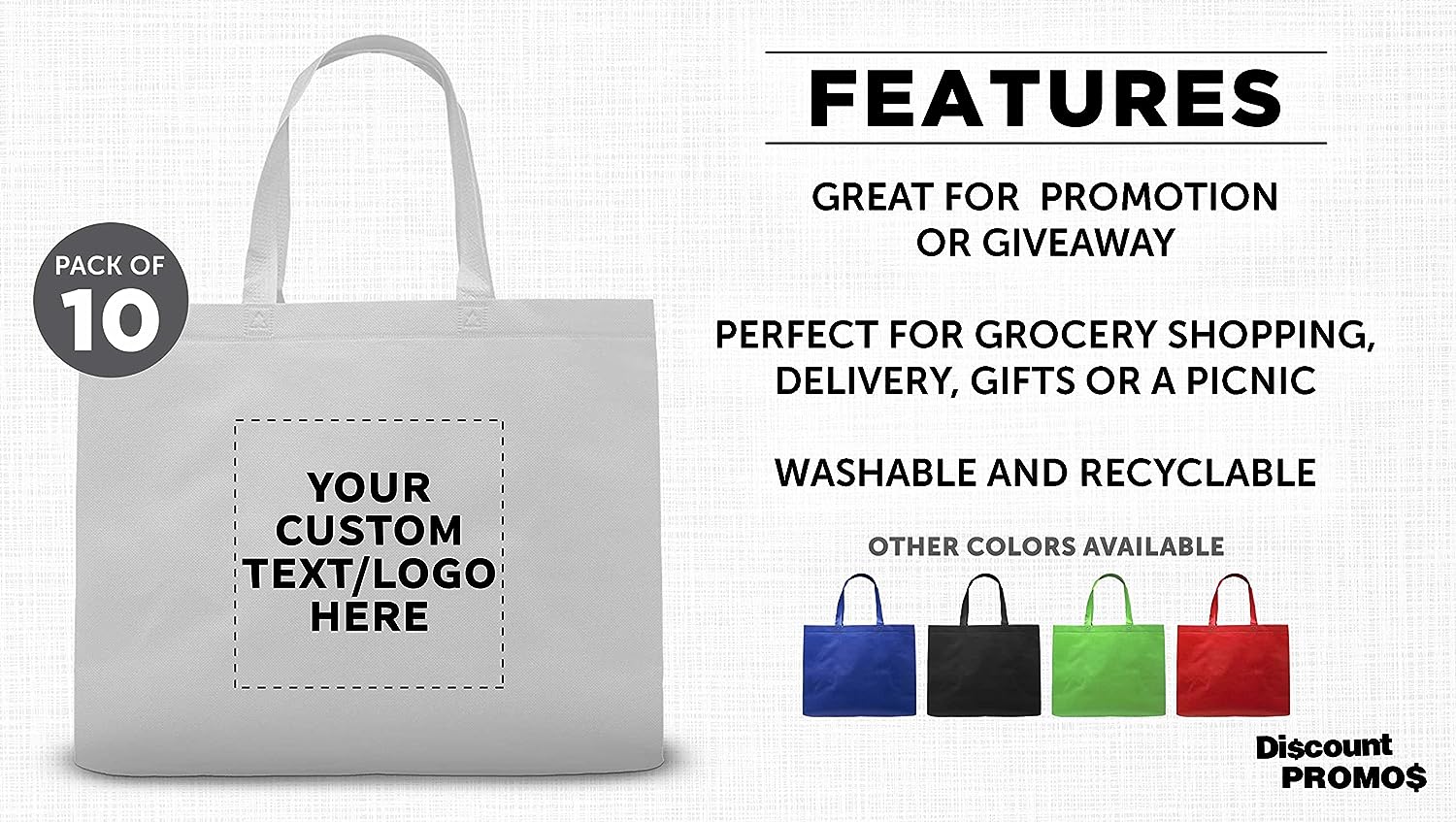 Personalized Jumbo Sized Tote Bags Set of 10, Custom Bulk Pack – Grocery, Shopping, Travel, Carry on Bag, Totes for Women, Reusable, White