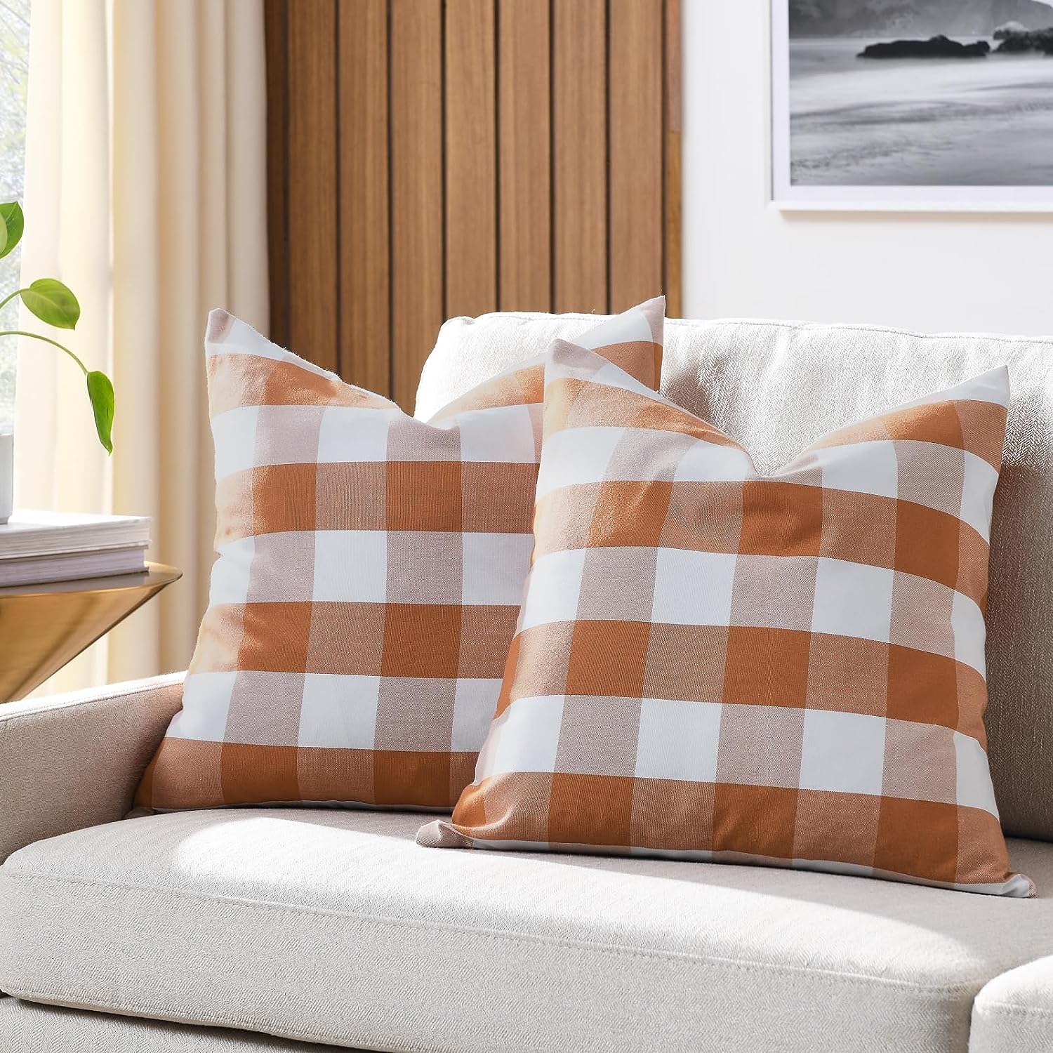 Fall Pillow Covers 18×18 Inches Farmhouse Buffalo Check Plaid Halloween Throw Pillow Covers Orange and White Decorative Square Cushion Pillowcase for Sofa Home Decor, Set of 2