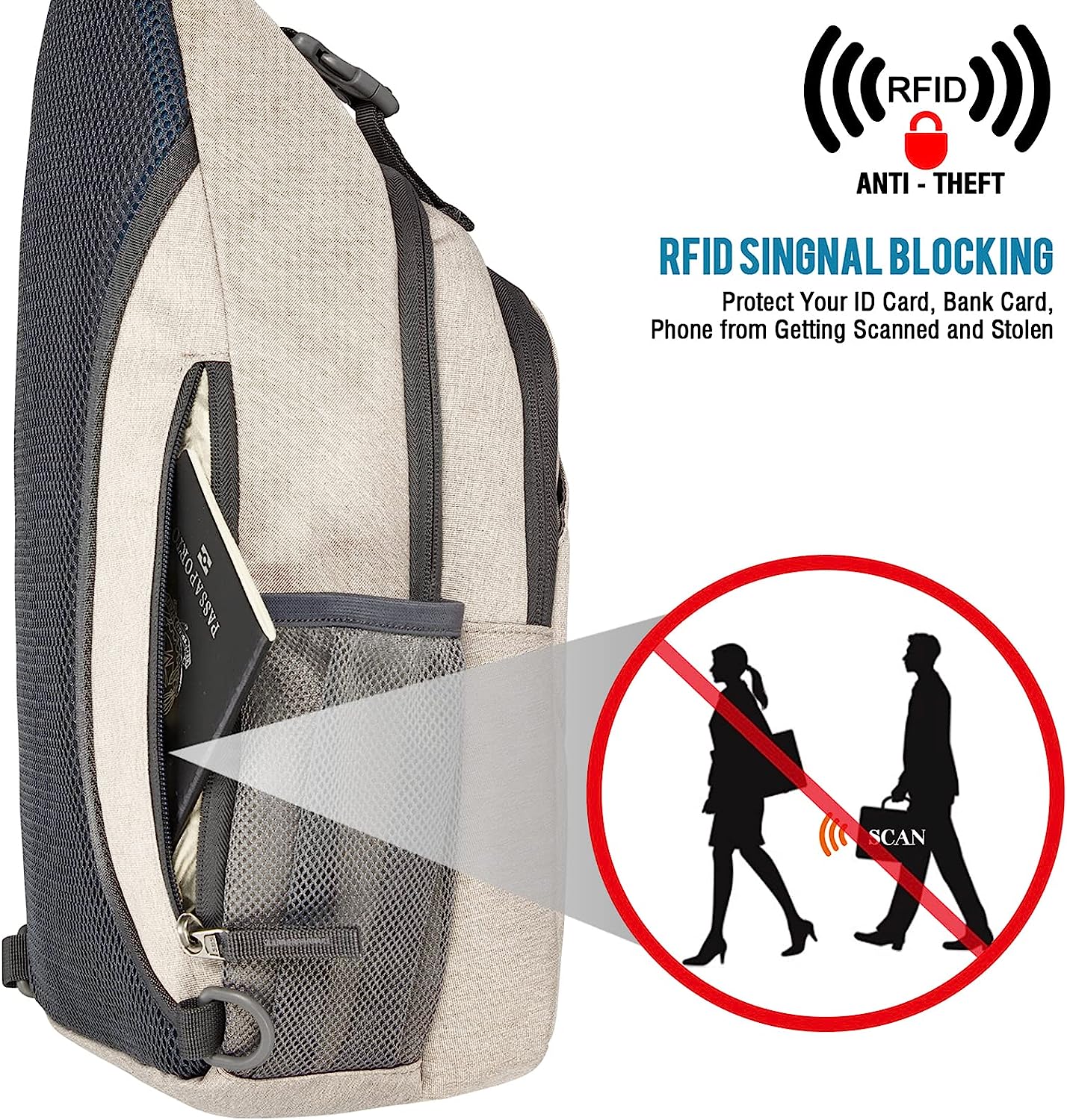 Sling Bag RFID Blocking Sling Backpack Crossbody Chest Bag Daypack for Hiking Travel(Ivory)