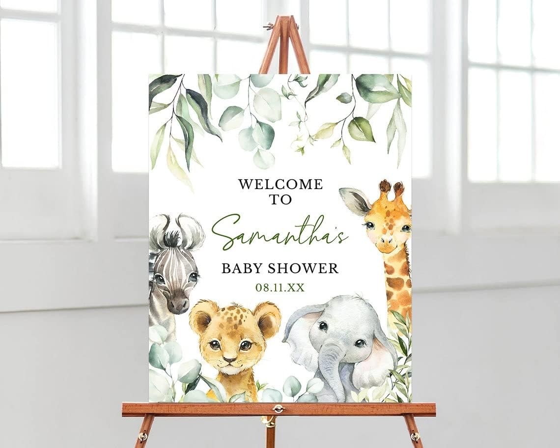 Personalized A Little Wild One Baby Shower Welcome Sign, Safari Jungle Baby Shower Poster, Greenery Safari Animals Baby Shower Decoration