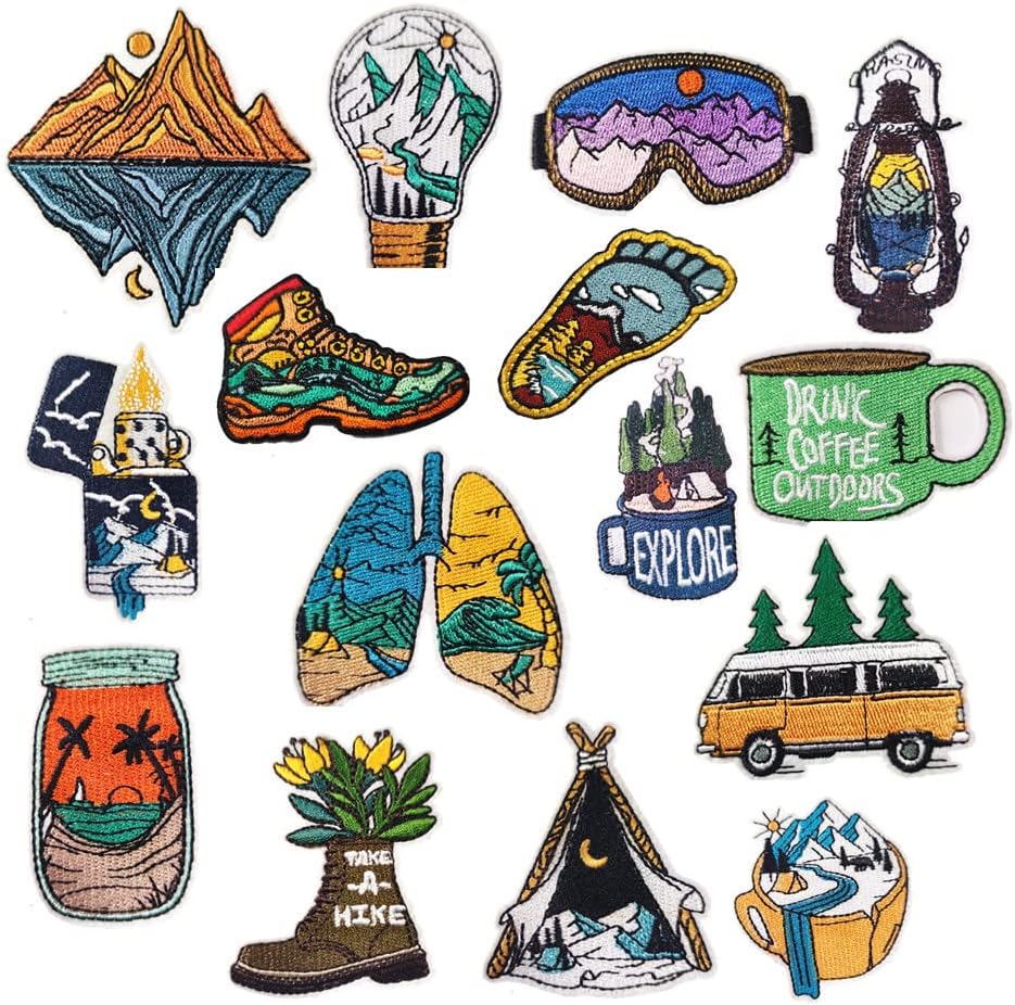 15PCS Landscapes Patches DIY Wilderness Trekking Patches On Clothes Outdoor Landscape Iron On Embroidery Patches for Jacket Clothing Stickers Badge, Blue