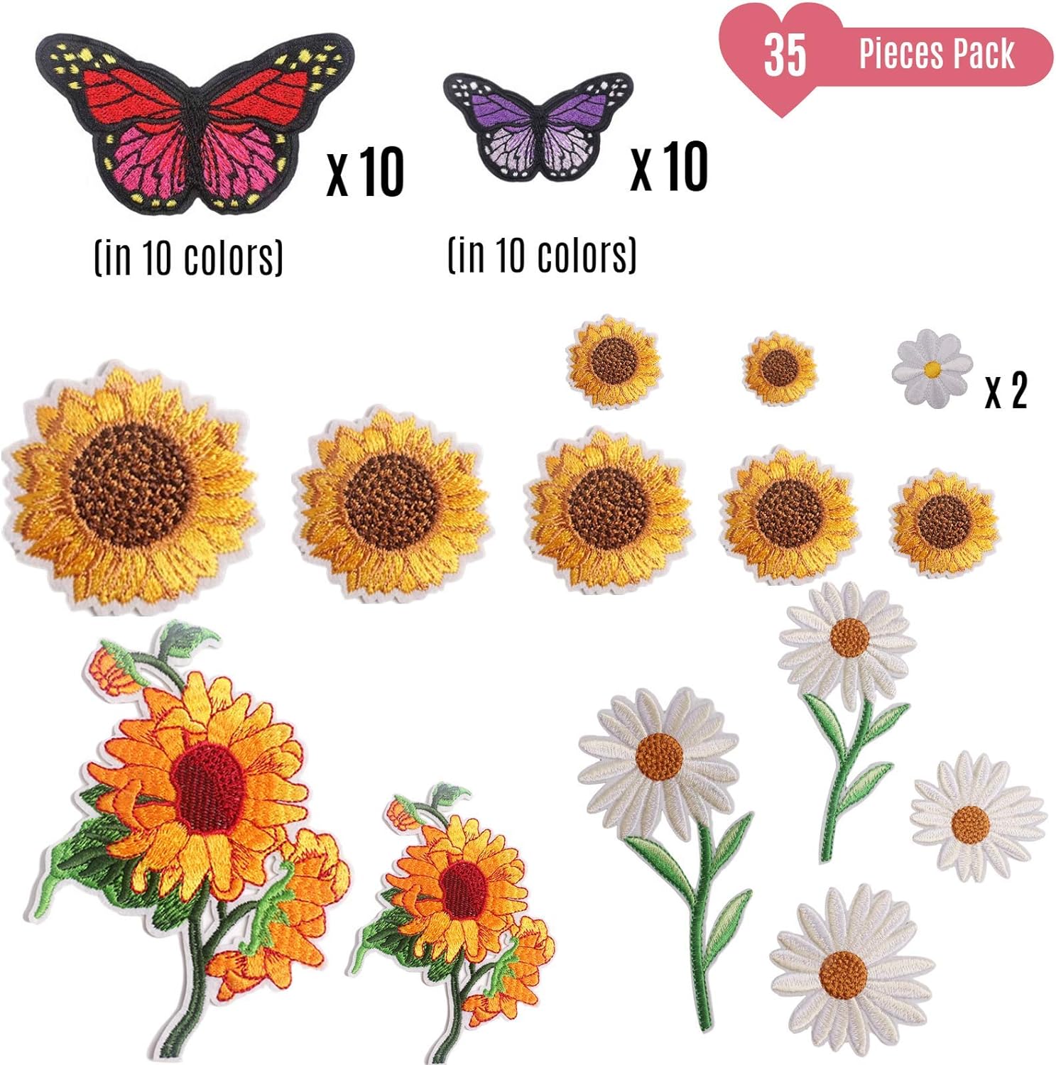 35 Pieces Embroidered Iron on Patch for Clothing,Sunflowers Butterfly Iron On Patches Set,Large Size Cute Decoration Embroidered Patches Pack for Jeans,Bags, Clothing, Arts Crafts DIY