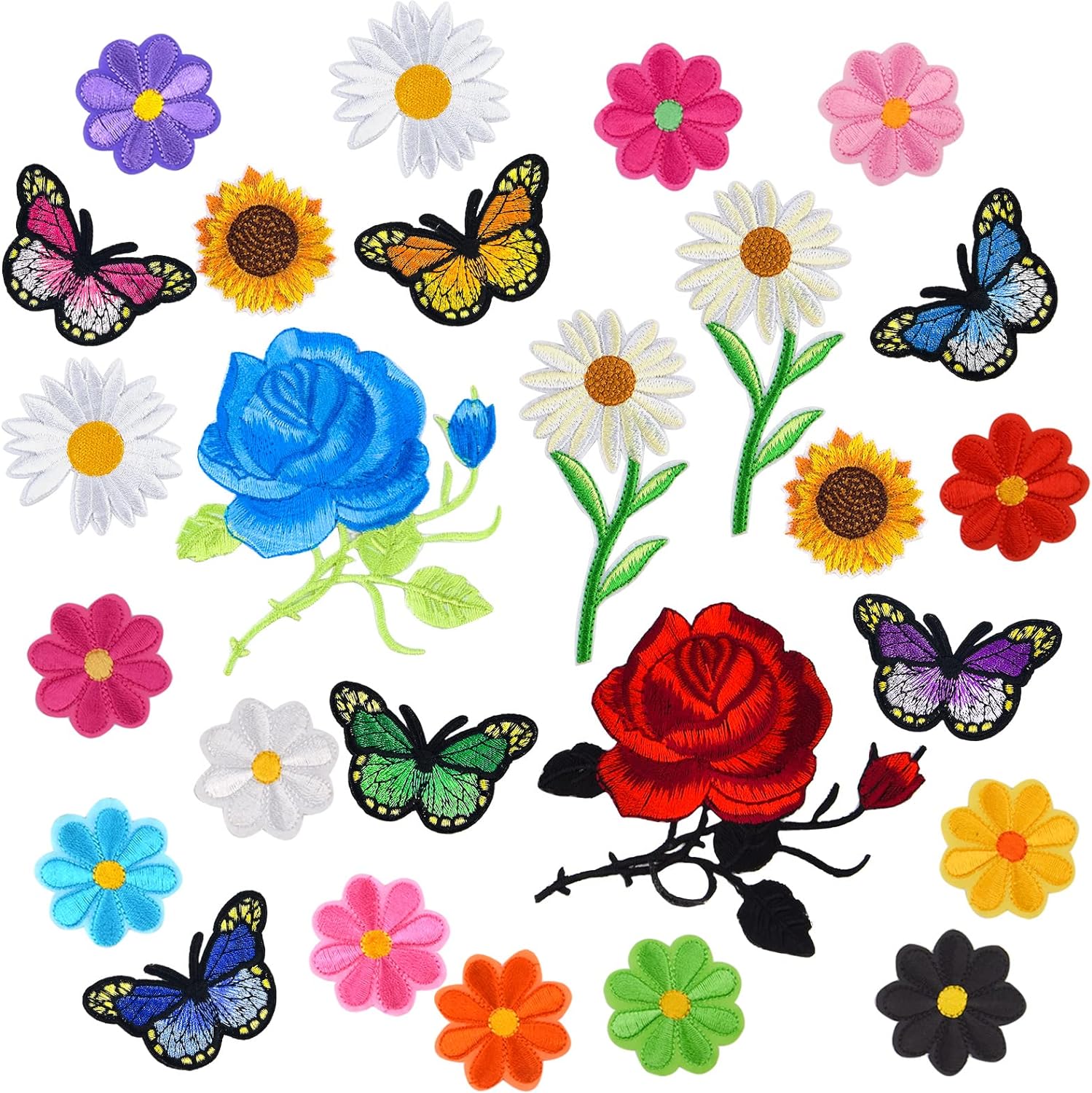 50 Pieces Flower Butterfly Iron/Sew on Patches Sunflower Cute Embroidered Applique Rose Patches for Clothing Large Colorful Decorative Daisy Patches for Clothes Dress Hat Jeans DIY