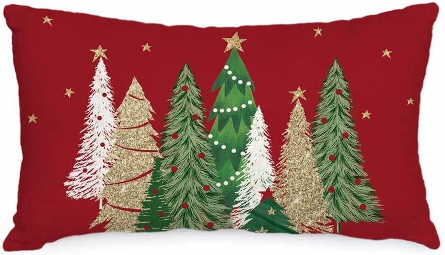 Christmas Pillow Cover 12X20 Colorful Christmas Tree Stars Decoration Holiday Farmhouse Winter Pillow Case Decor for Home Sofa Couch （Red） AA231-12