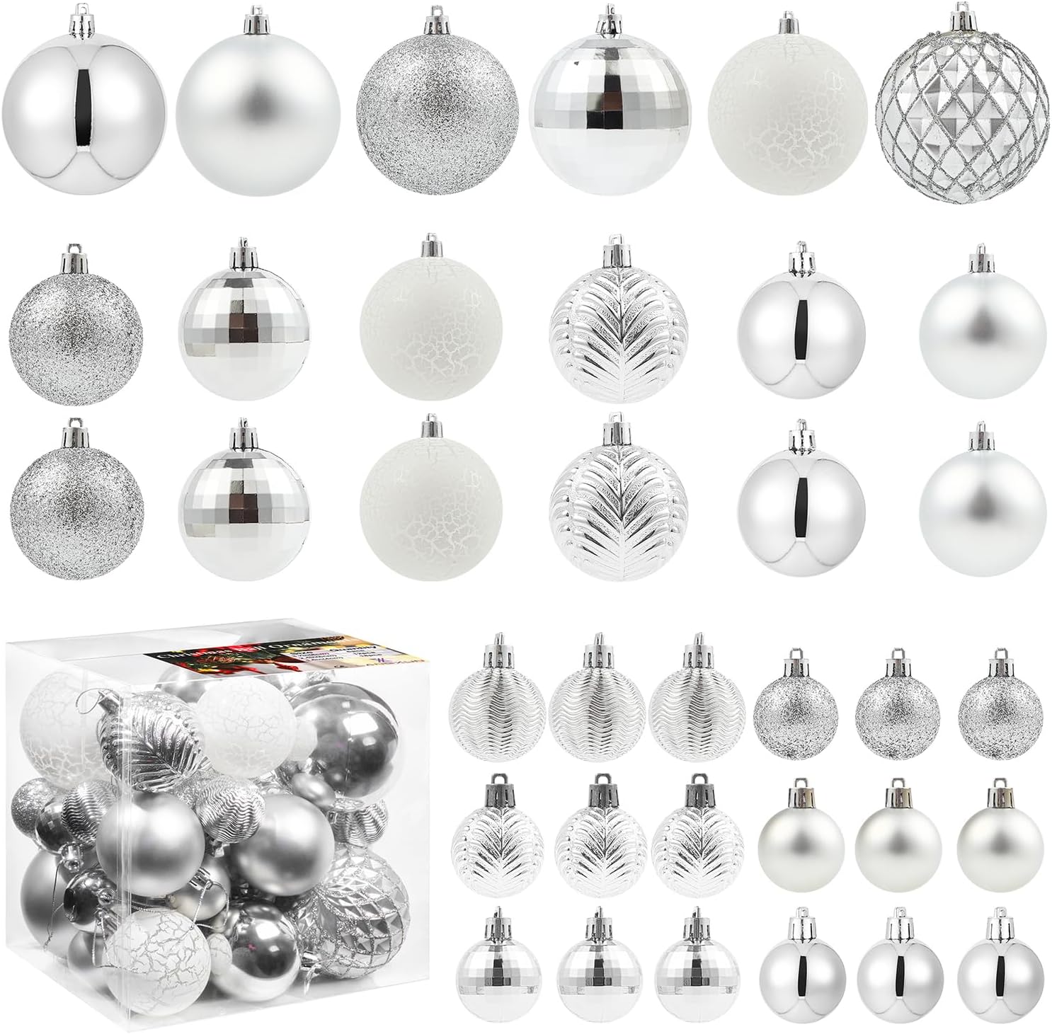 36pcs Silver Christmas Tree Decorations Balls 2023, Bolas De Navidad – 6pcs 3.2”, 12pcs 2.4”, 18pcs 1.6” – Shatterproof Christmas Ball Ornaments, Christmas Decor, Party, Wedding