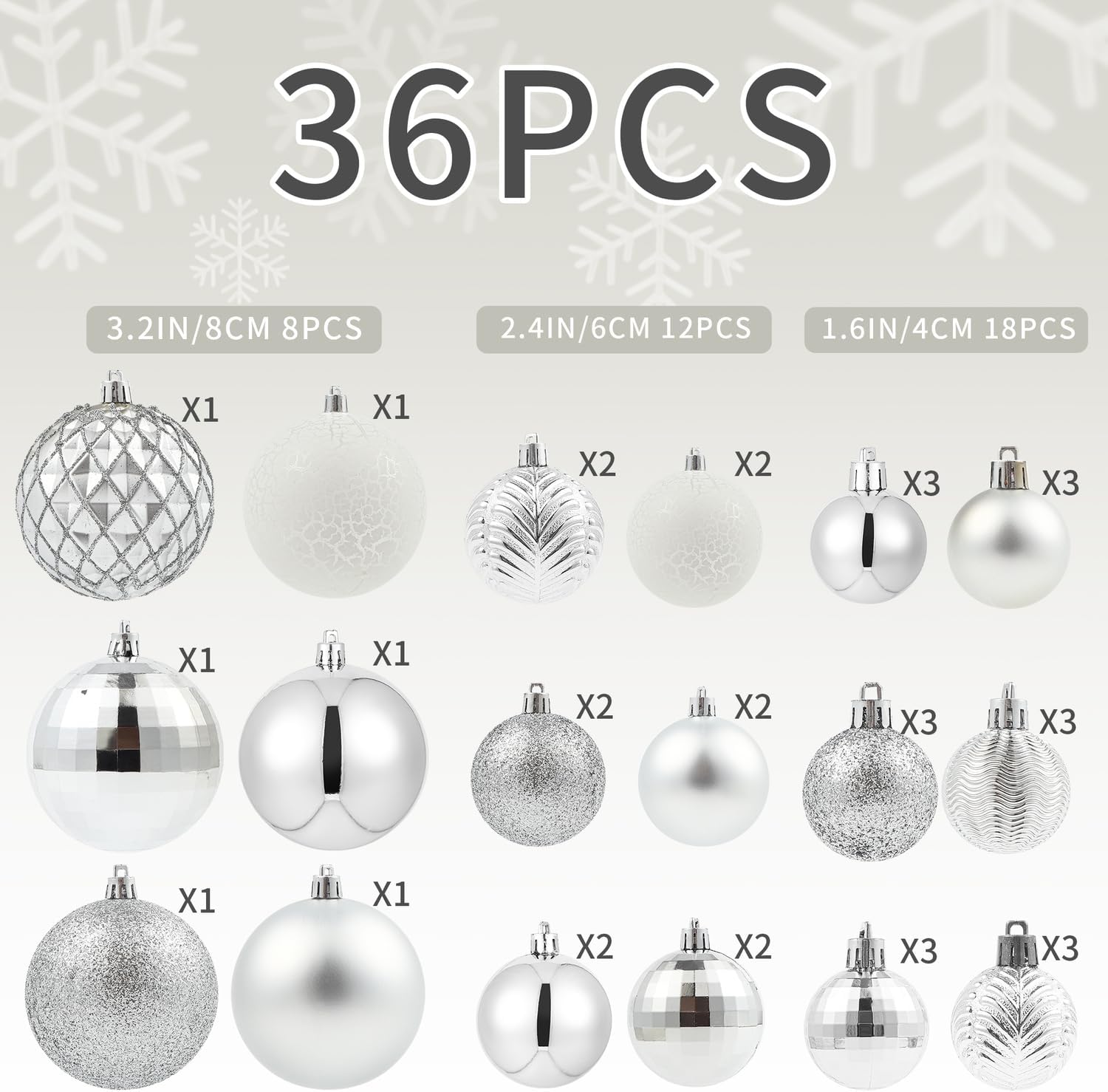 36pcs Silver Christmas Tree Decorations Balls 2023, Bolas De Navidad – 6pcs 3.2”, 12pcs 2.4”, 18pcs 1.6” – Shatterproof Christmas Ball Ornaments, Christmas Decor, Party, Wedding