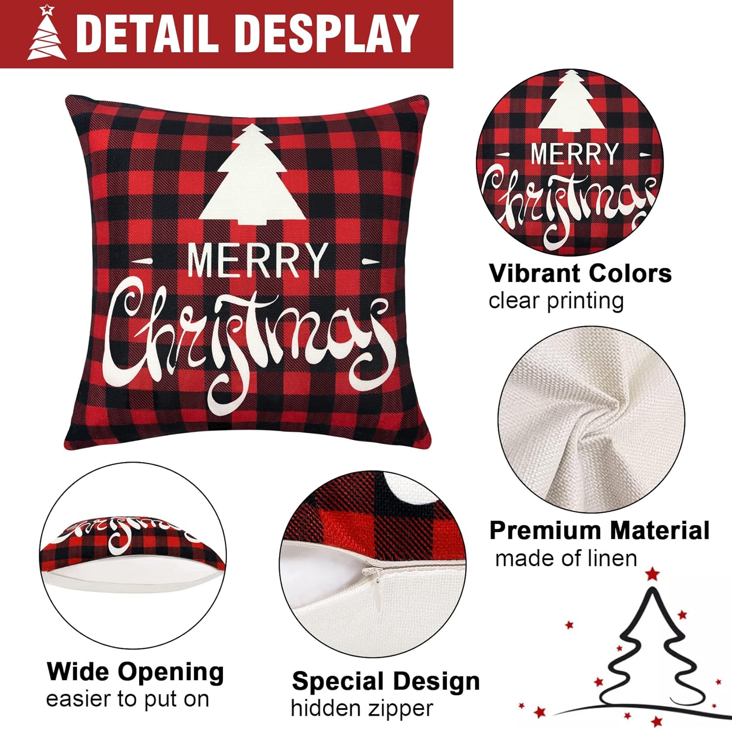 4Pcs Christmas Pillow Covers 18×18, Holiday Pillow Covers Farmhouse Merry Christmas Throw Pillows Quotes Saying Tree Snowflake for ElK Linen Cushion Cases for Sofa Winter Home Decor