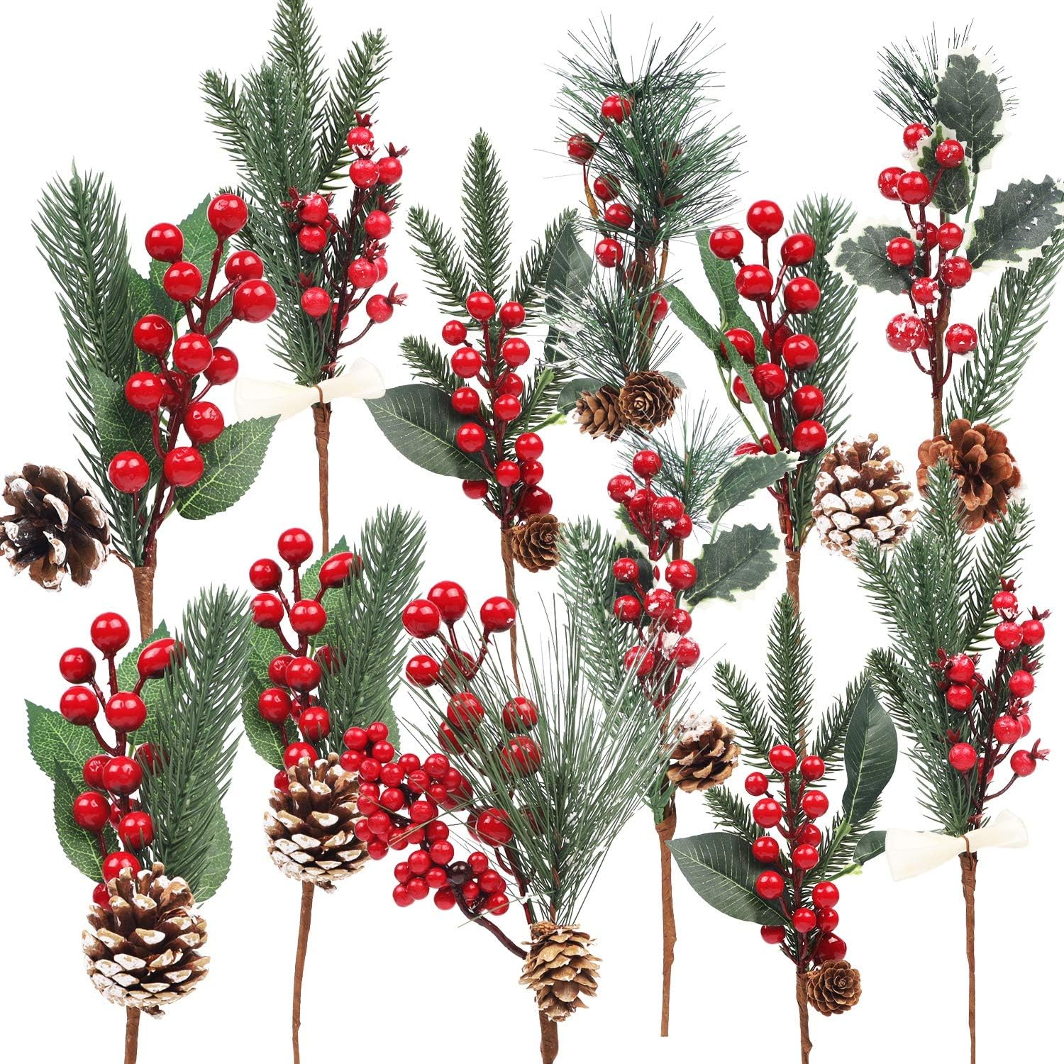 12 Pack Christmas Artificial Berry Twigs for Christmas Tree Decoration, DIY Christmas Red Berry Stems for Crafts Wreath Garland Christmas Ornaments Decor, 6 Designs