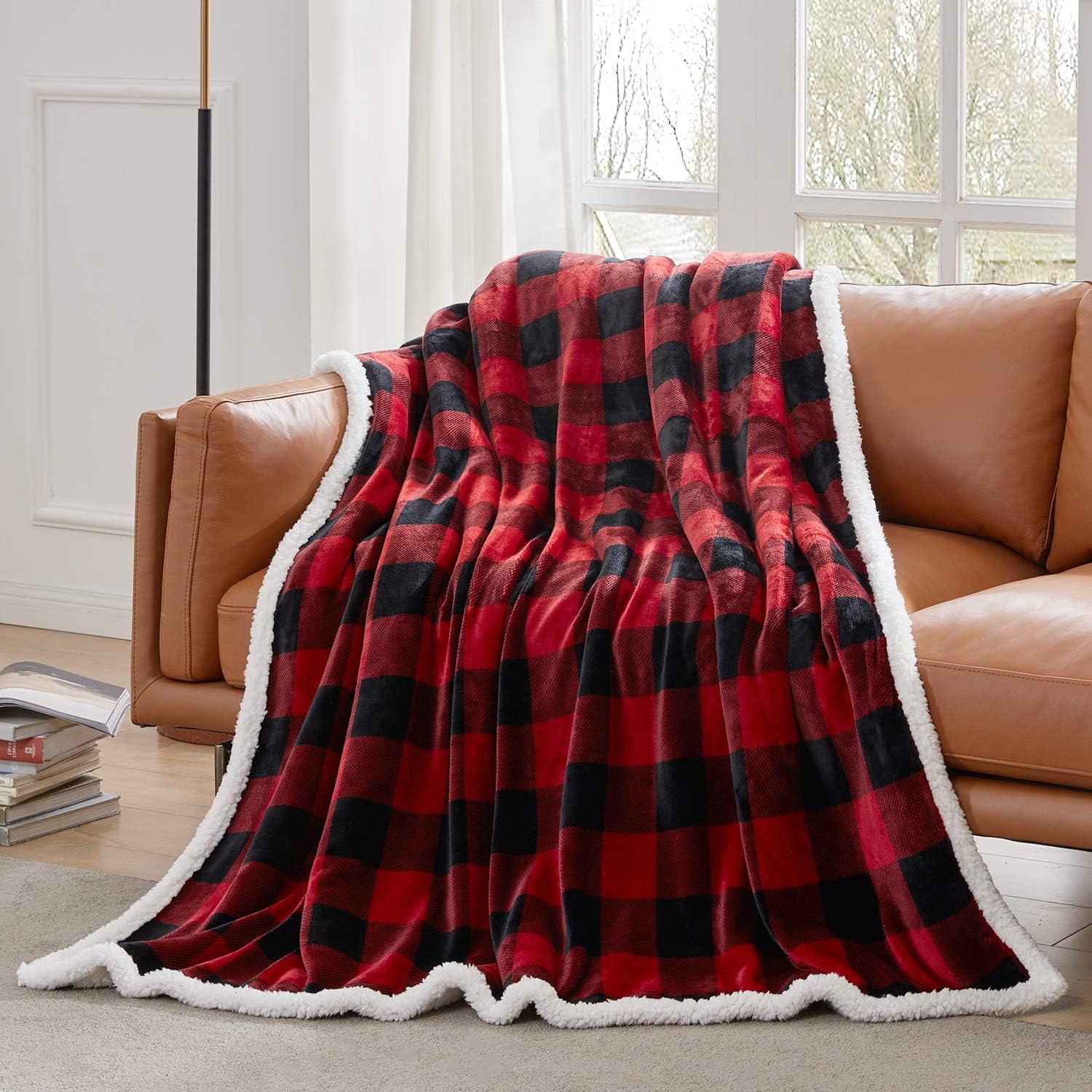 Red and Black Buffalo Plaid Christmas Throw Blanket, Fuzzy Fluffy Soft Cozy Blanket, Fleece Flannel Plush Microfiber Blanket for Couch Bed Sofa (60″ X 70″)