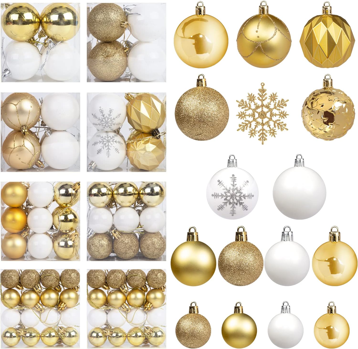 112PCS Christmas Tree Ball Set, Christmas Ball Ornaments Glitter Shatterproof Baubles Gold White for Xmas Tree Wreath Christmas Party Wedding