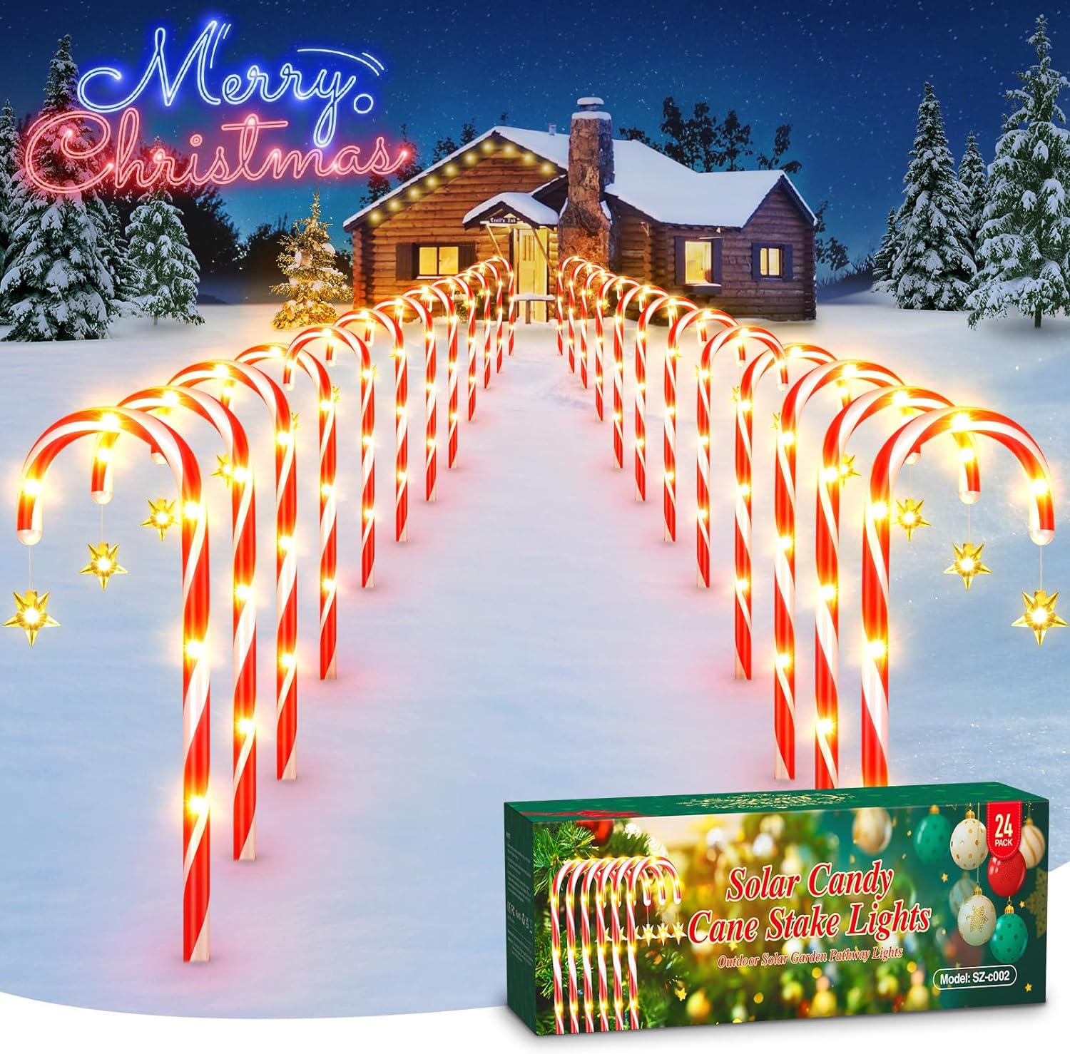 24 Pack Christmas Decorations Outside, WdtPro 19″ 144 LED Bright Solar Christmas Candy Cane Pathway Lights with Star and 8 Modes, Waterproof Outdoor Christmas Decorations for Yard Garden Decor