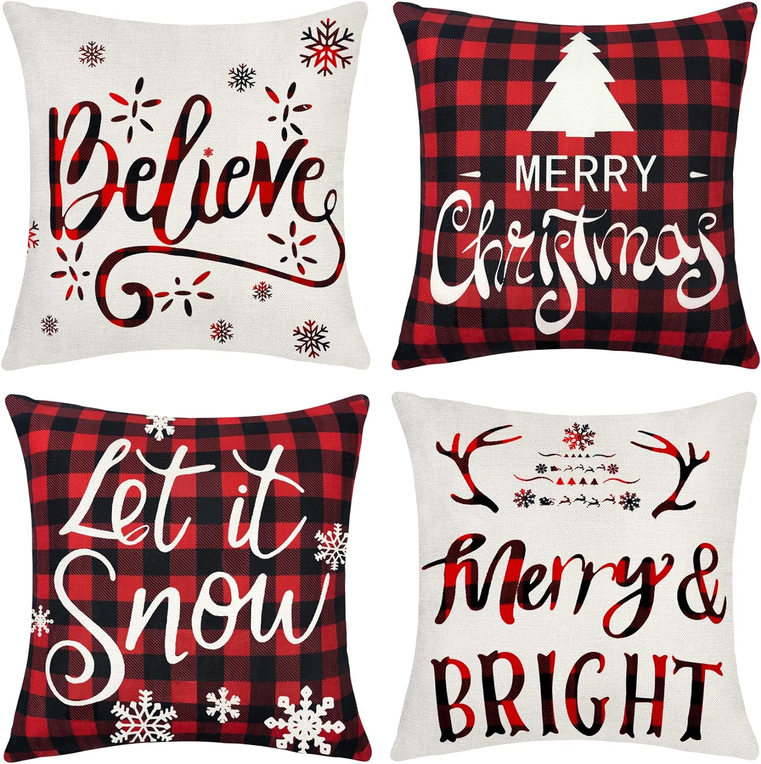 4Pcs Christmas Pillow Covers 18×18, Holiday Pillow Covers Farmhouse Merry Christmas Throw Pillows Quotes Saying Tree Snowflake for ElK Linen Cushion Cases for Sofa Winter Home Decor