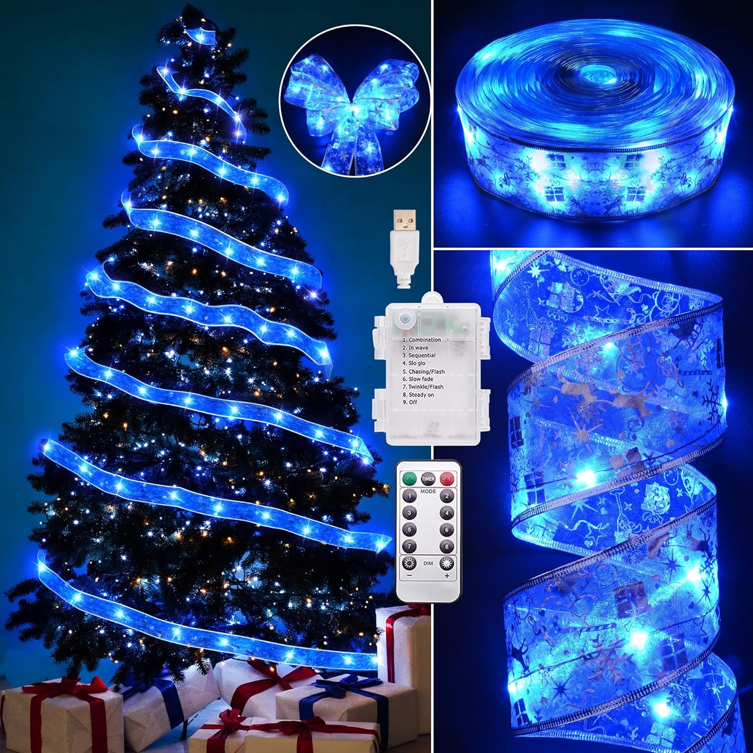 Christmas Decorations – 2.5Inch x 66Ft 200 Led Christmas Tree Ribbon Lights with Remote Control, Battery Operated & USB Powered 8 Lighting Modes Fairy String Lights with Timer for Xmas Tree Decor