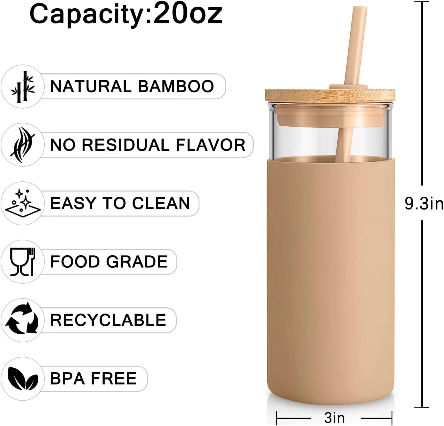 20 oz Glass Tumbler with Silicone Protective Sleeve, Bamboo Lid, and Straw – BPA Free – Amber