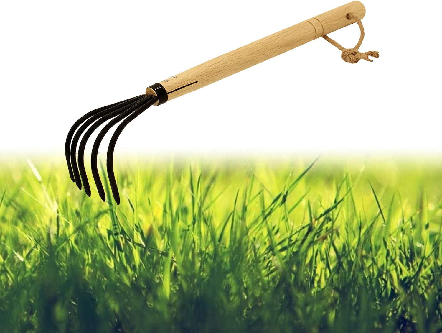 Military-grade steel garden rake with 5 tines and a handle.