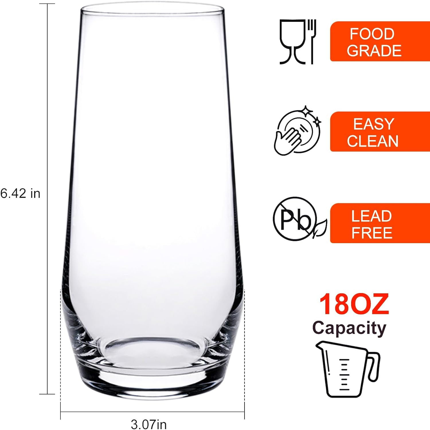 Set of 4 tall drinking glasses, also known as highball glasses.