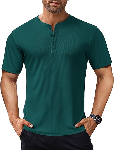 Fashionable casual basic tops for men, featuring stretch ribbed fabric and short sleeves, in a Henley shirt style.