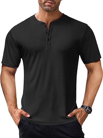 Fashionable casual basic tops for men, featuring stretch ribbed fabric and short sleeves, in a Henley shirt style.