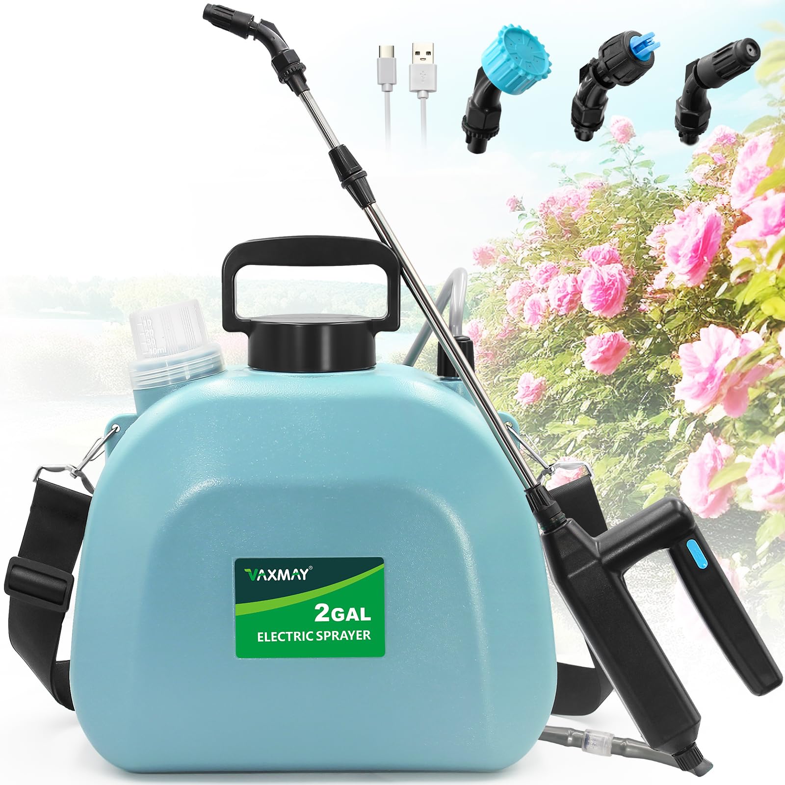 2-Gallon Battery-Powered Sprayer, High-Powered Electric Sprayer with 3 Mist Nozzles, Extendable Wand, Garden Water Sprayer with Adjustable Shoulder Strap for Lawn and Gardening