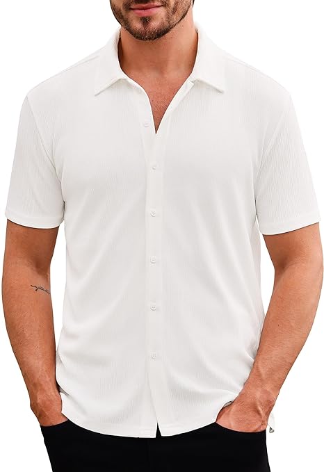 Men’s short-sleeve ribbed knit button-down shirt with stretch, perfect for summer beach outings, featuring a pocket for added convenience.