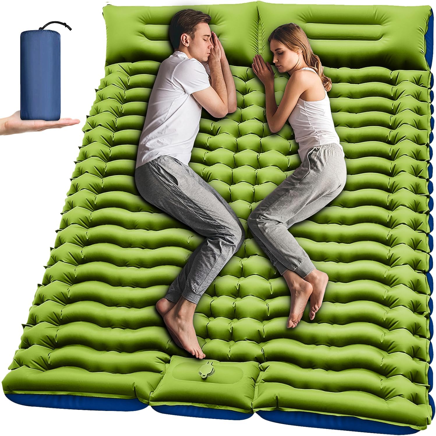 Double Sleeping Pad – Self-Inflating, 4″ Extra-Thick with Built-in Pillow and Foot Pump, Inflatable Sleeping Mat for 2 People, Ideal for Backpacking, Hiking, Traveling, Tents, and Portable Camping.