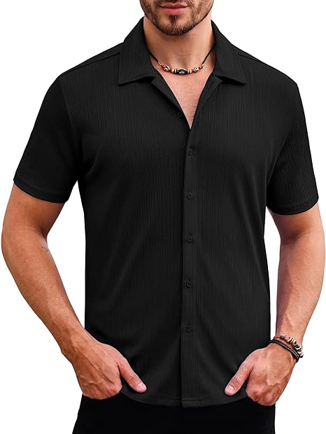 Men’s short-sleeve ribbed knit button-down shirt with stretch, perfect for summer beach outings, featuring a pocket for added convenience.