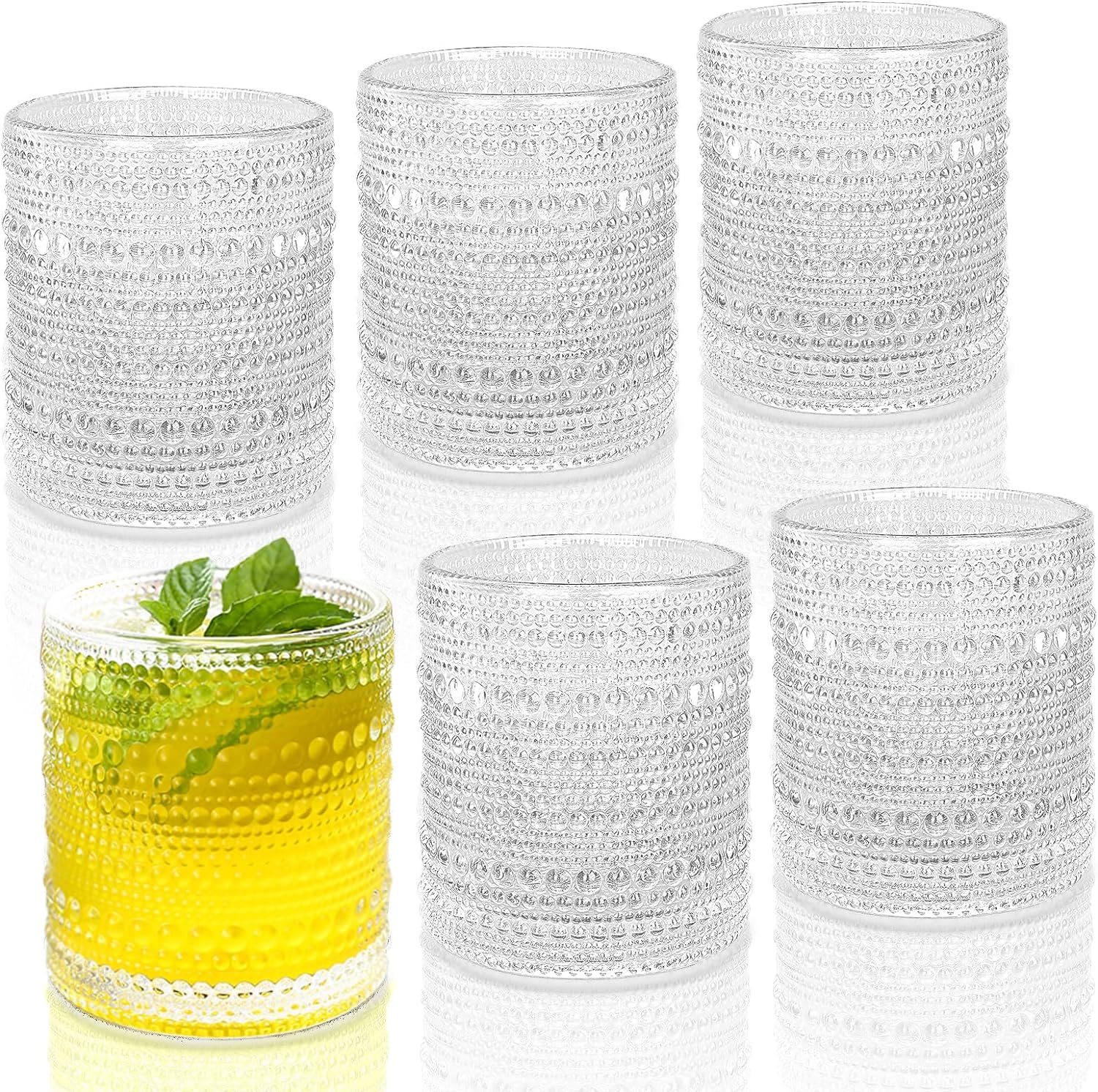 Set of 6 hobnail cocktail glasses, each with a capacity of 10 ounces.