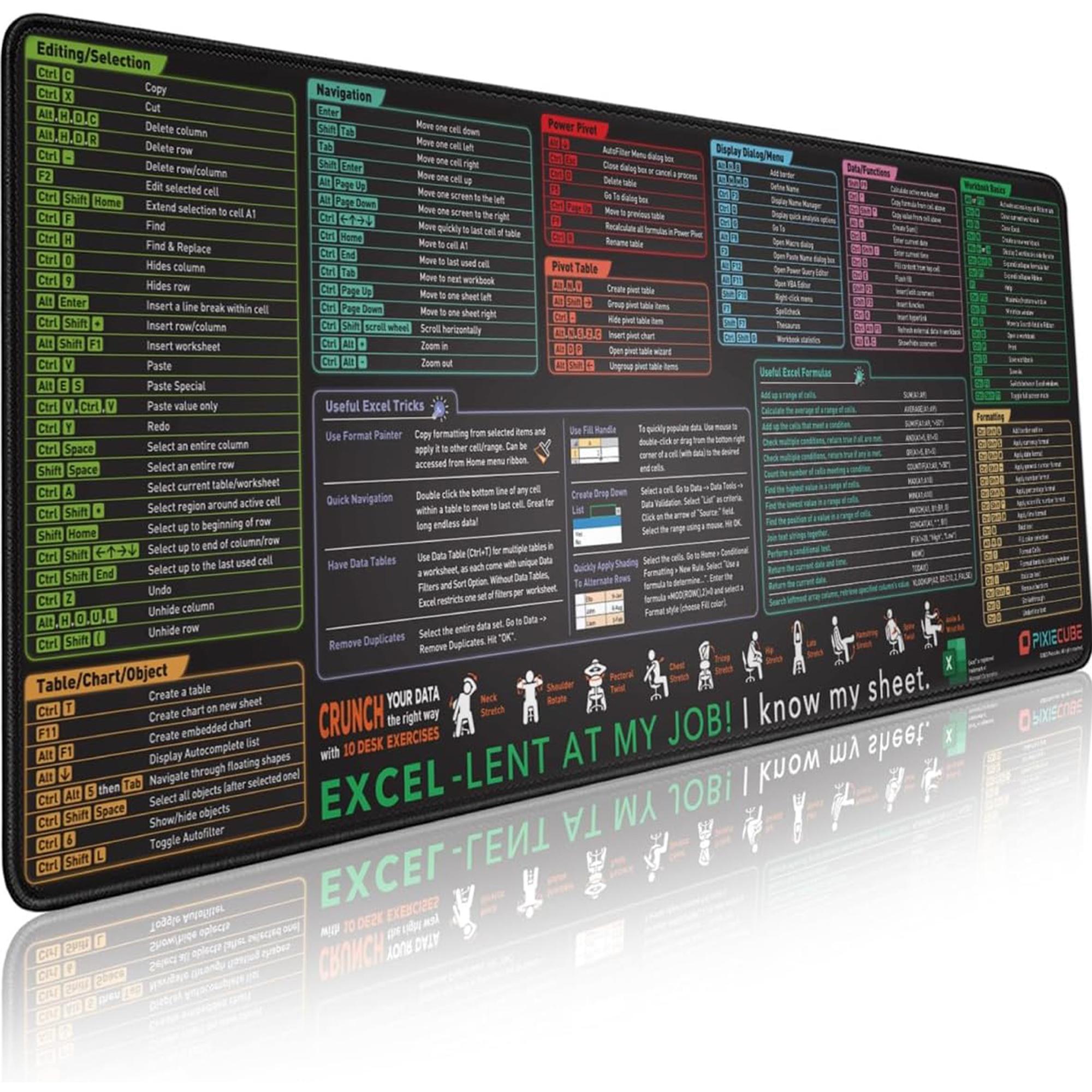 Excel Shortcut Keys Mouse Pad, Extended Large Cheat Sheet Gaming Mousepad, PC Office Spreadsheet Keyboard Mat, Non-Slip Stitched Edge