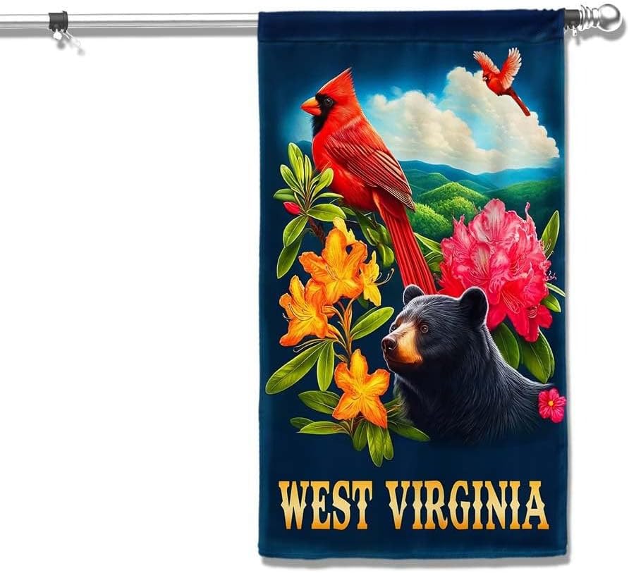 West Virginia Black Bear and Cardinal and Rhododendron Flower Garden and House Flag