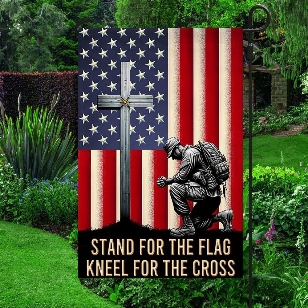 Veteran Kneeling Christ Cross American Garden and House Flag