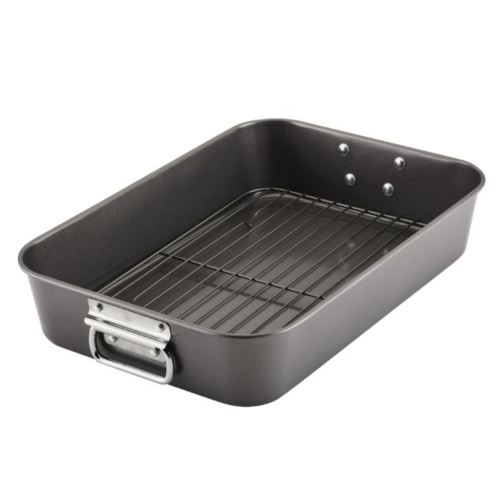 Farberware Bakeware 10.5 inch x 15 inch Nonstick Steel Roaster with rack, Gray