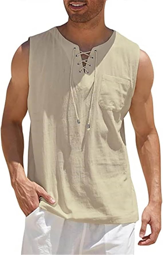 Men’s Linen Tank Tops Summer Sleeveless T-Shirt Solid Color Loose Cotton