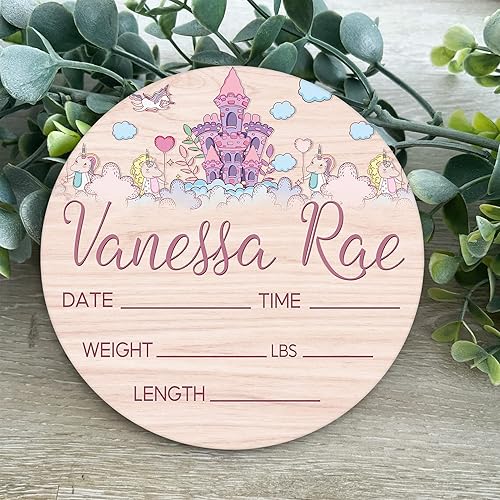 Custom Birth Sign, Round Wood Birth Sign, Princess Birth Sign, Round Wood Birth Sign, Princess Castle Birth Sign, Princess Crown, Personalized Baby Shower Nursery Decor