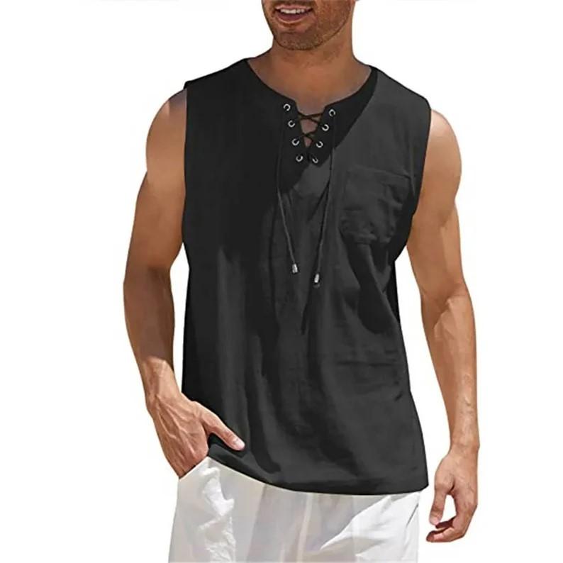 Men’s Linen Tank Tops Summer Sleeveless T-Shirt Solid Color Loose Cotton