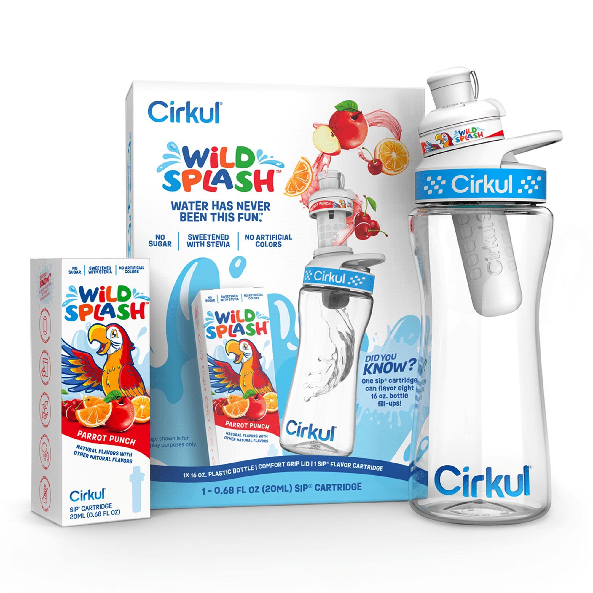 Cirkul 16oz Plastic Water Bottle Starter Kit with Blue Lid, 1 Flavor Cartridge (Wild Spash Parrot Punch)