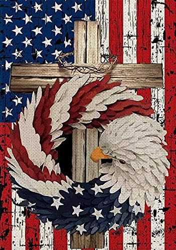 junyou Jigsaw Puzzles 500 Pieces for Adults Patriotic Strip and Star Cross Eagle USA Flag 4th of July Memorial Day Independence Day Watercolor Outdoor Decoration